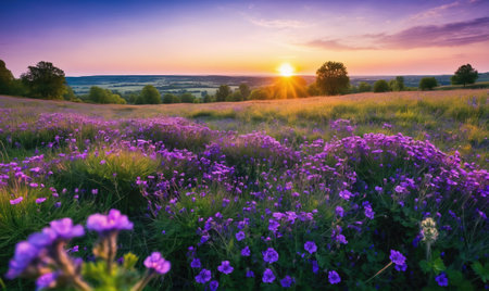 Purple wildflowers bloom in a field as the sun rises over a distant valleyの素材