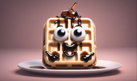 A happy waffle with googly eyes is being drizzled with syrup on a white plateの素材
