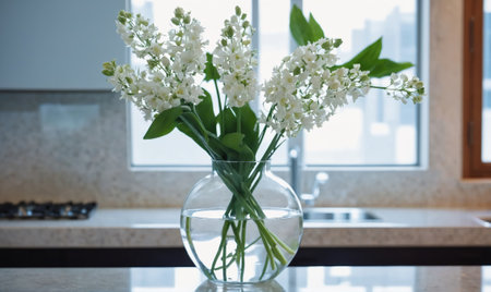 White flowers in a glass vase sit on a kitchen counter in front of a windowの素材
