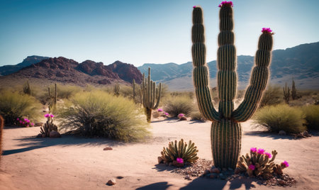 A large cactus stands tall in the desert, surrounded by smaller cacti and shrubsの素材