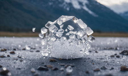 A large ice ball shatters on a frozen lake in the mountainsの素材