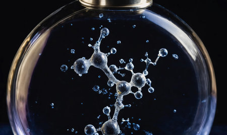 A close-up image of a molecule-like structure formed by water droplets inside a glass containerの素材