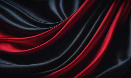 Red and black silk fabric is draped in elegant foldsの素材
