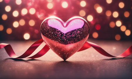 A shiny, pink heart with red ribbon sits on a table with a blurry background of red lightsの素材