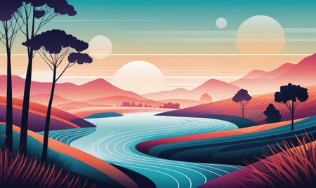 A winding river flows through a colorful landscape, surrounded by rolling hills and tall trees, under a vibrant sunset skyの素材