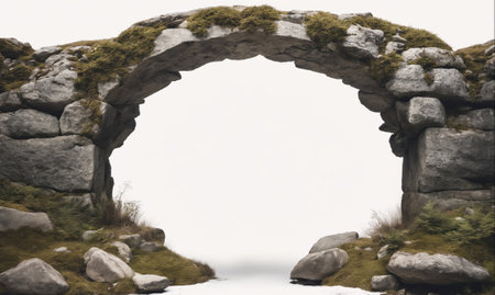 A stone archway stands tall, covered in moss and surrounded by rocks, in a misty landscapeの素材