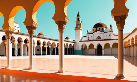 A view of a mosque courtyard in Morocco, seen through a series of archesの素材