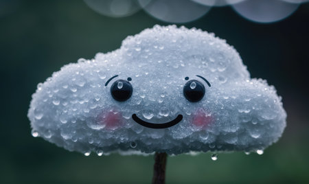 A happy, cartoon cloud smiles as raindrops fall from it during a light showerの素材