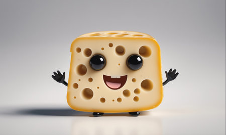 A smiling block of cheese with big eyes waves its hands in front of a white backgroundの素材