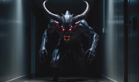 A demonic figure with glowing red eyes lurks in a shadowy hallwayの素材