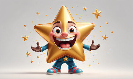 A happy, golden star character stands with arms outstretched as tiny stars rain down around himの素材