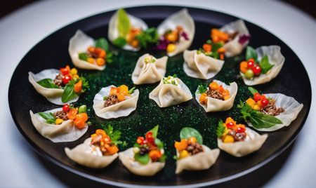 A plate of dumplings topped with colorful vegetables and greens is ready to be enjoyedの素材