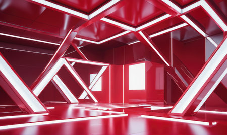 A red and white room with geometric shapes and glowing lines creates a modern and futuristic aestheticの素材