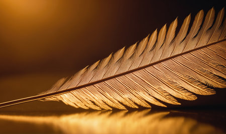 A single feather lies on a surface, bathed in warm lightの素材