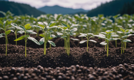 Young green plants grow in a field of dark soil with a distant mountain rangeの素材
