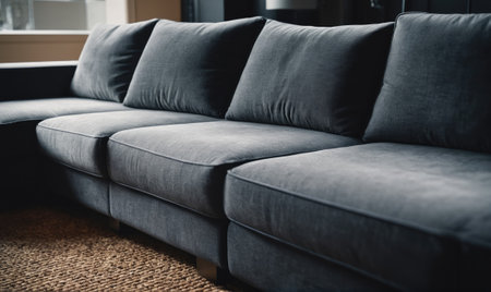 A gray sectional sofa sits in a modern living room with a natural fiber rugの素材