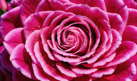 A close-up view of a pink rose with delicate petals, glistening with dew dropsの素材
