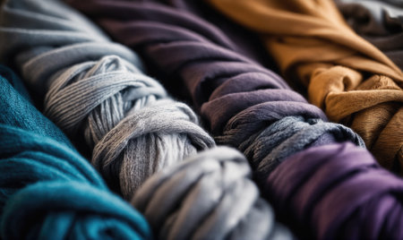 Close-up of soft, colorful fabric, showcasing a variety of texturesの素材