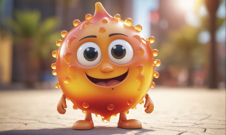 A cartoon virus with big eyes smiles and stands on a sidewalk in an outdoor settingの素材