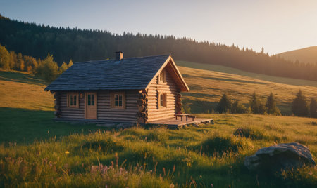 A wooden cabin sits on a hill overlooking a forest at sunsetの素材