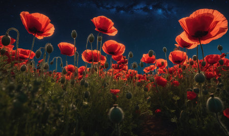 A field of red poppies bloom under a starry skyの素材