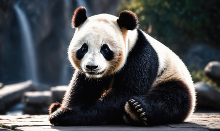 A giant panda sits on a rocky surface in front of a waterfallの素材