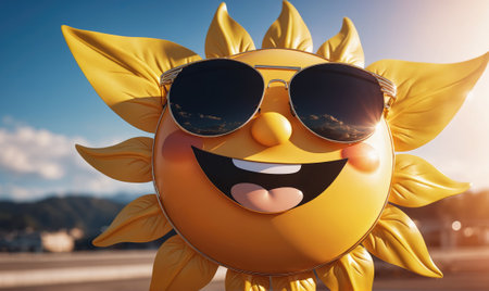 A yellow sun wearing sunglasses smiles for the camera on a sunny dayの素材