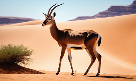 A gazelle walks through the desert sands on a bright, sunny dayの素材