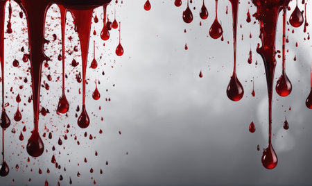 Blood drips onto a gray background, creating a dramatic and macabre sceneの素材