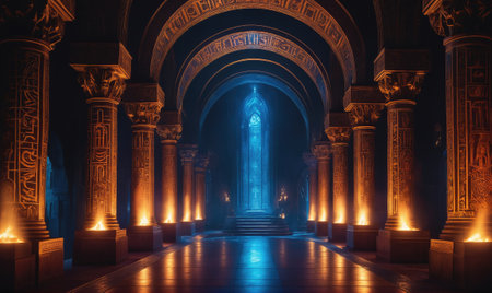 A grand hall with ornate pillars and glowing lanterns leads to a blue, stained-glass window at the endの素材