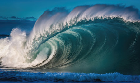 A massive wave crashes against the shore on a sunny dayの素材