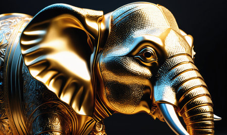 A golden elephant statue with intricate details stands against a dark backgroundの素材