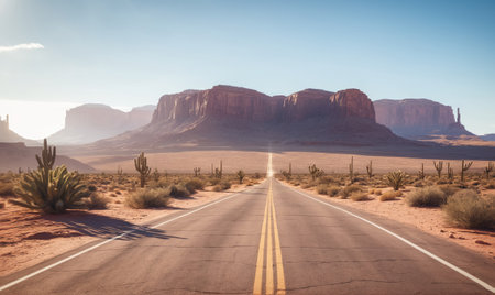 A long, straight road cuts through the desert landscape of Monument Valleyの素材