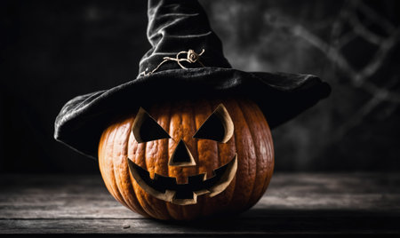A carved pumpkin with a witchs hat sits on a wooden table, ready for Halloweenの素材
