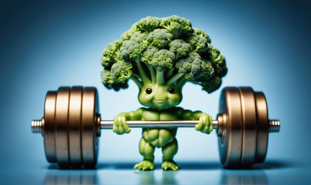 A broccoli character with a large, green head is lifting a heavy barbell in front of a blue backgroundの素材