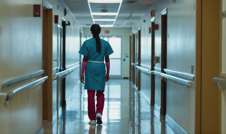 A healthcare worker walks down a hospital hallwayの素材