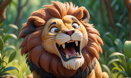 A cartoon lion roars in the jungle, its teeth bared in a playful expressionの素材