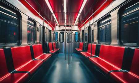 An empty subway car with red seats and a blue floor waits for passengersの素材