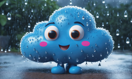 A happy, blue, cartoon cloud stands in the rainの素材