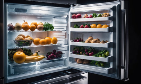 A well-stocked refrigerator with fresh produce, fruit, and vegetablesの素材