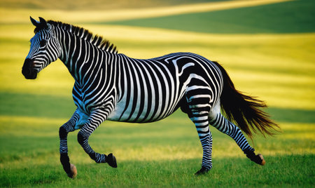 A zebra runs across a grassy field, its black and white stripes blending with the green and yellow hues of the savannaの素材