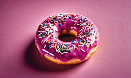 A pink donut with colorful sprinkles sits on a pink surfaceの素材
