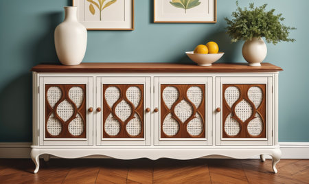 A white cabinet with four doors and intricate woven panels sits in front of a teal wallの素材
