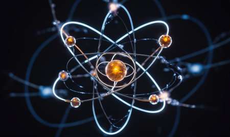 A model of an atom with an orange nucleus and glowing white electrons orbiting in a dark backgroundの素材