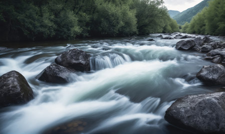 A rushing river flows through a valley, surrounded by lush green treesの素材