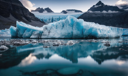 A large ice floe floats in a glacial lake surrounded by mountains in Icelandの素材