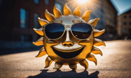 A golden sun with sunglasses smiles brightly in the sunlightの素材
