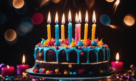 A chocolate cake with blue icing and colorful sprinkles sits on a plate with lit candlesの素材