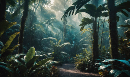 A path winds through a lush tropical forest, bathed in the soft light of morningの素材