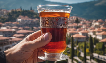 A hand holds a glass of tea with a cityscape in the backgroundの素材